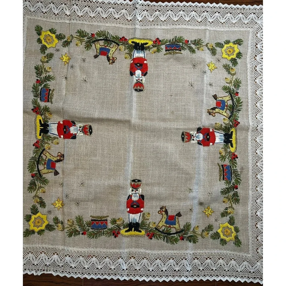 Vintage‎ Christmas Nutcracker Rocking Horse Embroidered Lace Square Tablecloth